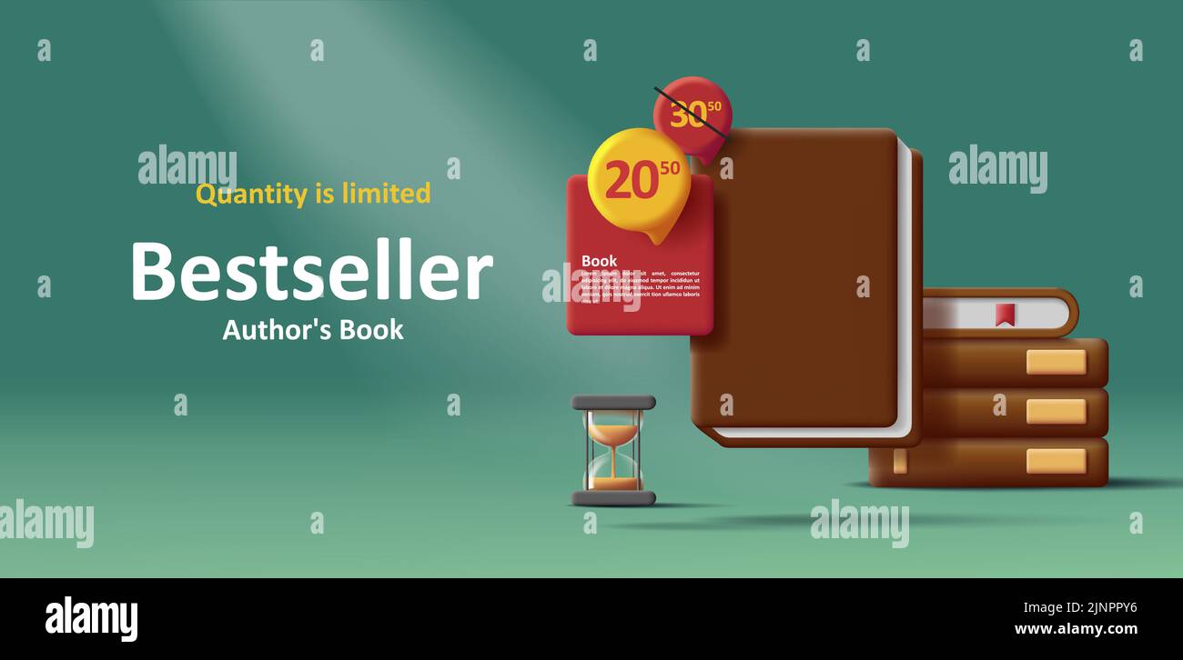 Bannière Web avec pile de 3D livres et bulle de vente avec horloge de sable Illustration de Vecteur