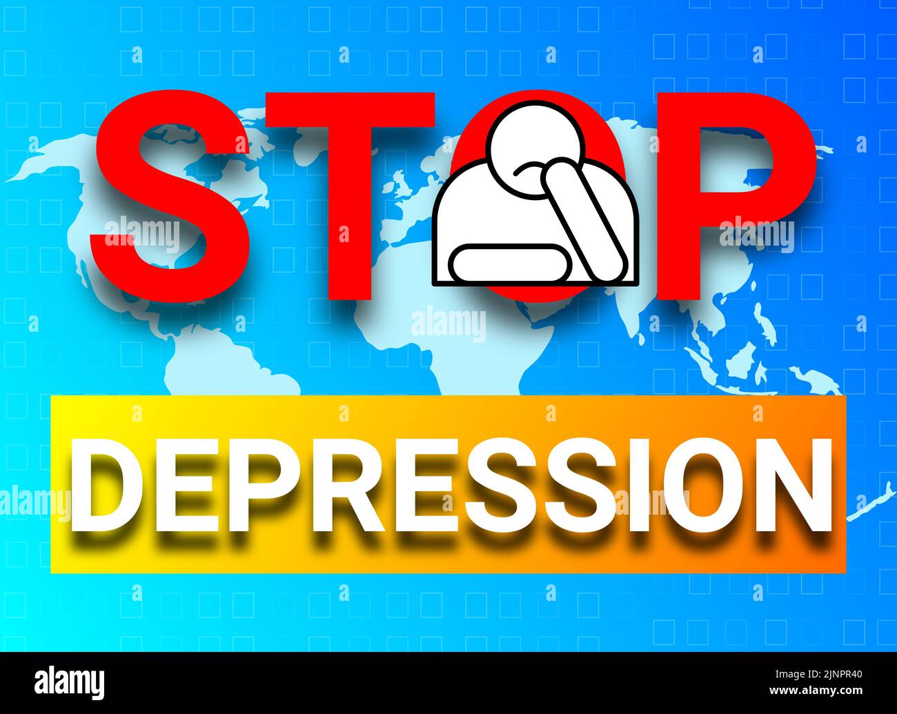 Image d'illustration de l'arrêt de la dépression sur la carte du monde et couleur gadiante bleue. Concept de soins médicaux. Banque D'Images