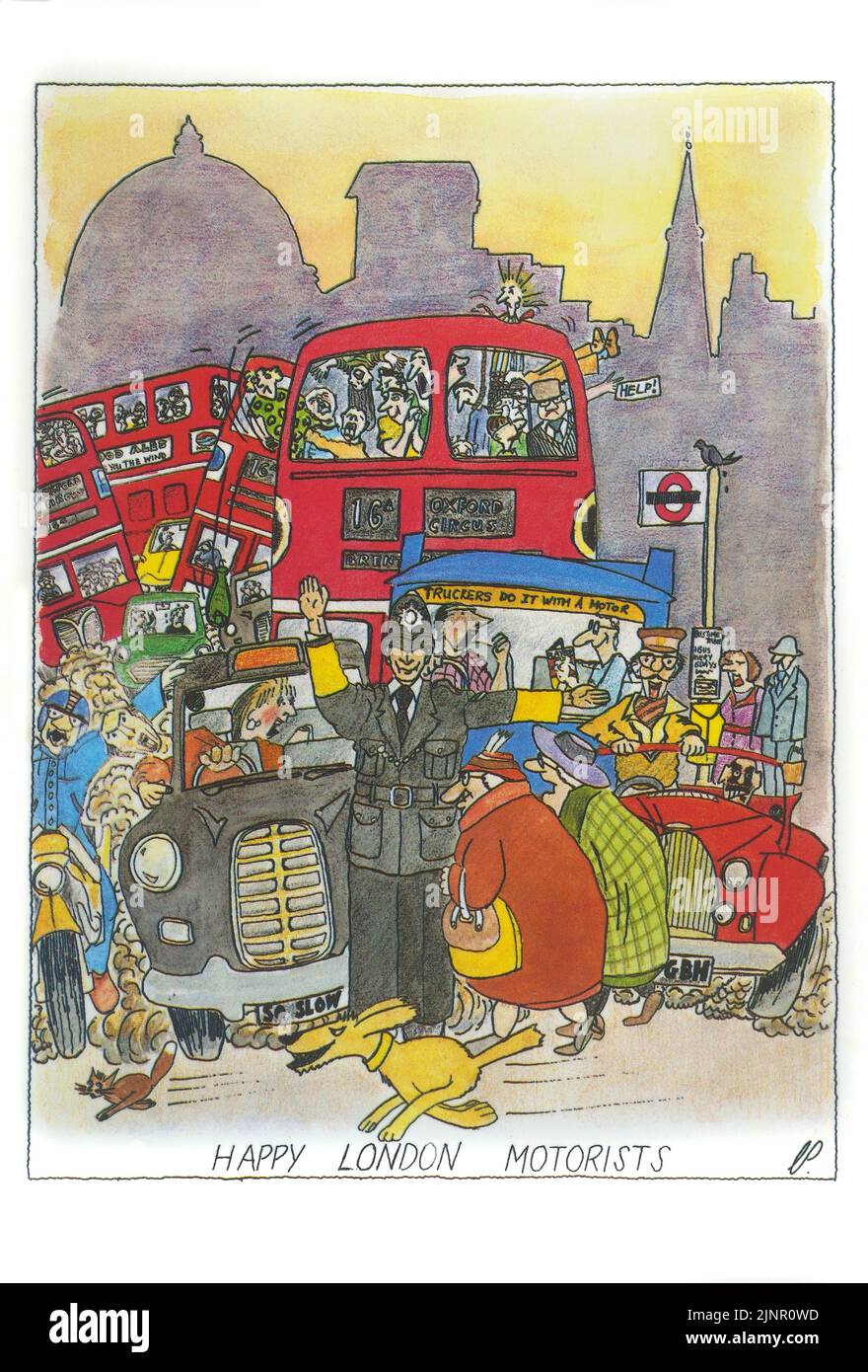 Les automobilistes de Londres sont heureux. Une carte postale londonienne amusante des années 1980 par Chris Parker Banque D'Images