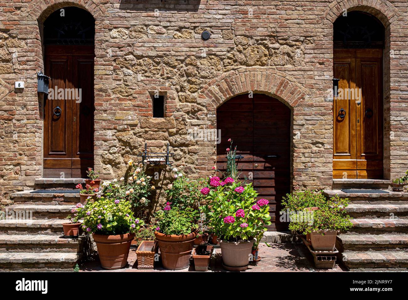 Rue à Pienza avec des pots de fleurs, Pienza, Italie Banque D'Images
