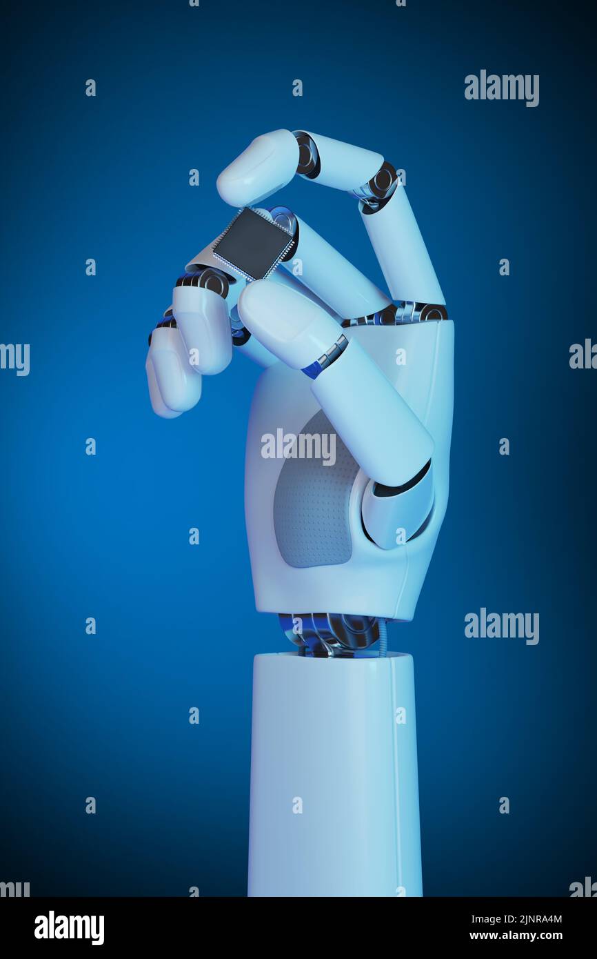 Main robotique tenant un microprocesseur. 3d illustration. Banque D'Images