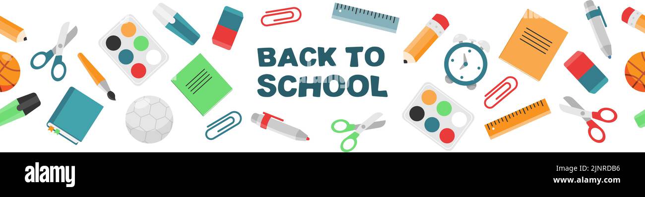 Bienvenue à l'école. Bannière horizontale sans couture avec fournitures scolaires Illustration de Vecteur