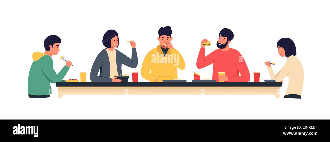 Les clients qui mangent de la nourriture. Les gens de dessin animé ont le déjeuner et le brunch au café ou au restaurant, les hommes et les femmes à la table mâchant et goûtant de la nourriture Illustration de Vecteur