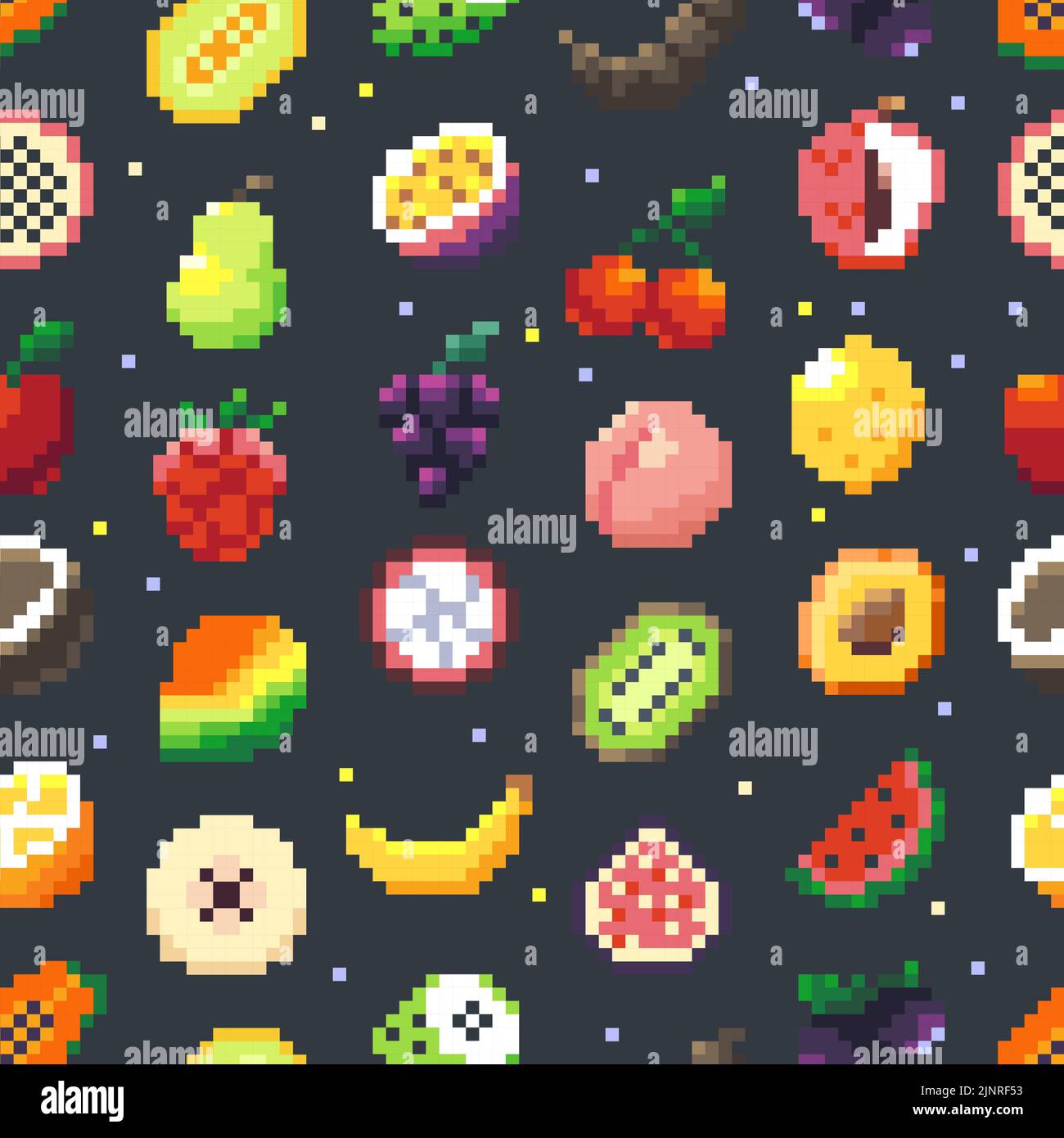 Motif pixels fruits. Impression transparente de fruits et baies de dessins animés pixelisés, 2D fonds d'écran de jeu d'icônes de pixels rugueux. Texture vectorielle Illustration de Vecteur