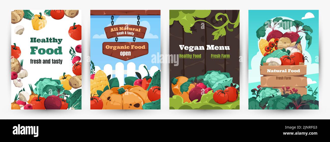 Affiches sur les aliments sains. Mise en page des bannières avec des légumes détaillés de dessin animé, brochure d'aliments biologiques pour la ferme pour le menu du restaurant. Produits Vector vegan Illustration de Vecteur