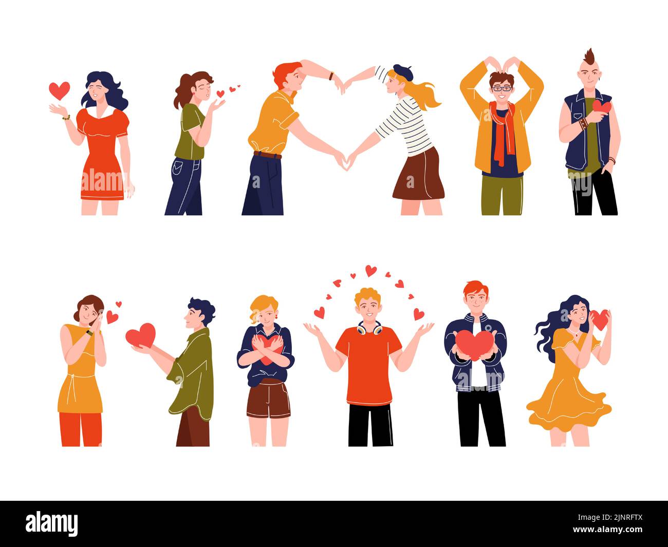 Les gens avec les coeurs. Personnages de dessin animé tenant des coeurs rouges, soutien amical et concept de soin, charité abstraite et don. Les bénévoles de Vector Illustration de Vecteur