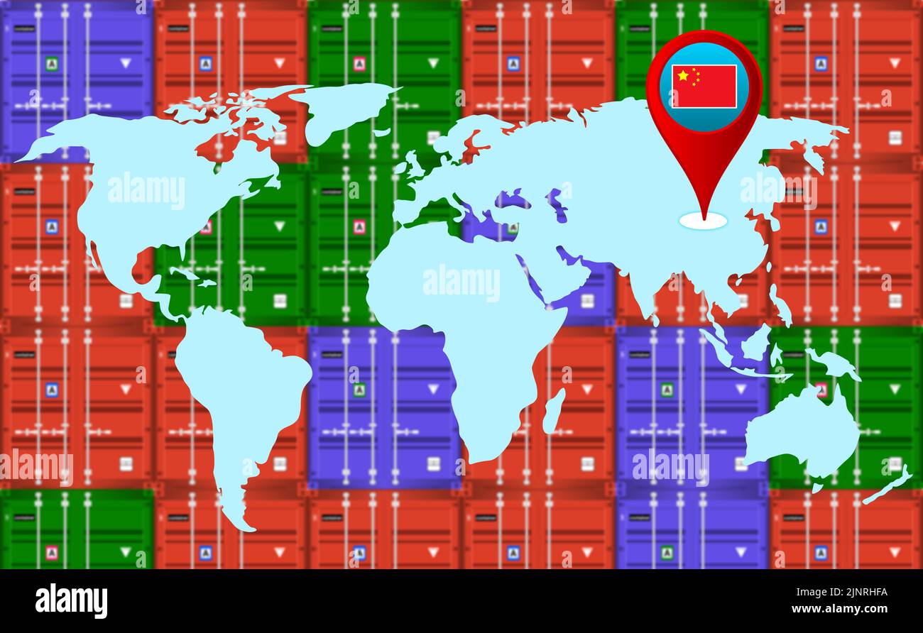 Illustration d'arrière-plan des activités d'importation et d'exportation en Chine avec emplacement sur la carte du monde. Banque D'Images
