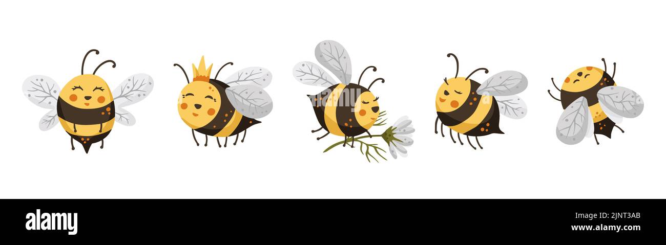 Mignon abeille dessin animé drôle ensemble de vecteur. Joyeux drôle adorables personnages abeilles Illustration de Vecteur