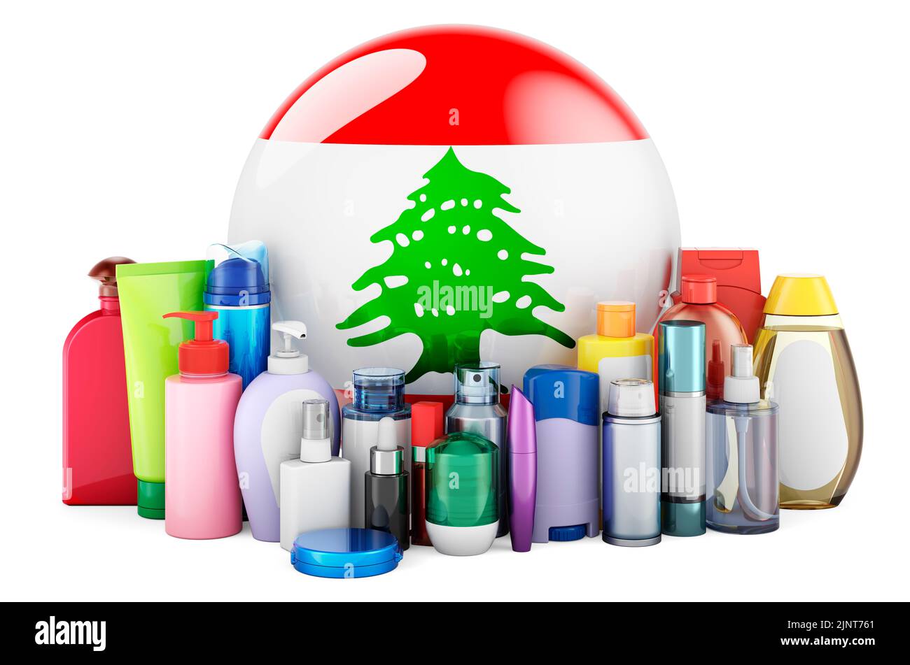Drapeau libanais avec bouteilles cosmétiques, cheveux, produits de soin du visage et du corps. 3D rendu isolé sur fond blanc Banque D'Images