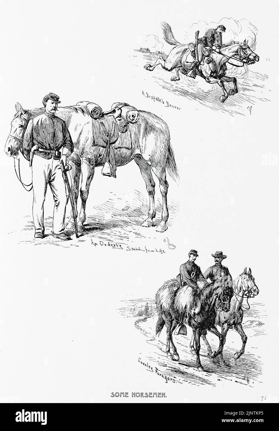 Quelques cavaliers - Un porteur d'expédition, un ordonné, esquisse de la vie, Cavalry Forgers. Illustration de la guerre de Sécession de 19th siècles par Edwin Forbes Banque D'Images