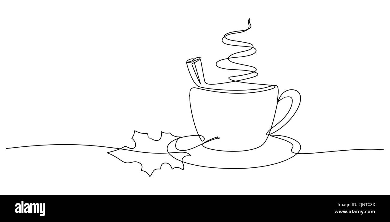 continu de boisson chaude d'automne et illustration vectorielle de feuille d'érable. une tasse avec vapeur et cannelle et décoration de feuille d'érable. Illustration de Vecteur