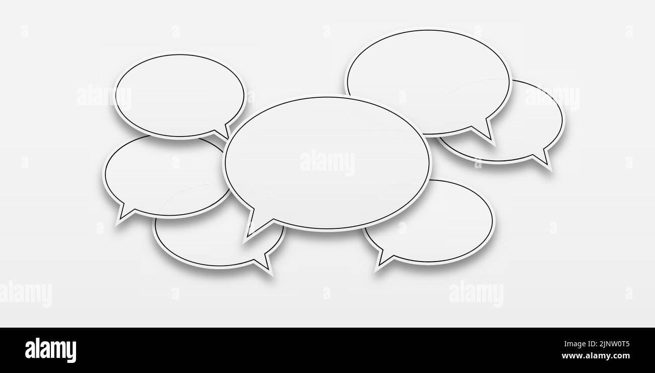 Concept de communication. Vider les bulles de parole vides sur fond blanc. Ensemble d'autocollants blancs vectoriels avec bulles vocales avec un trait. Illustration de Vecteur