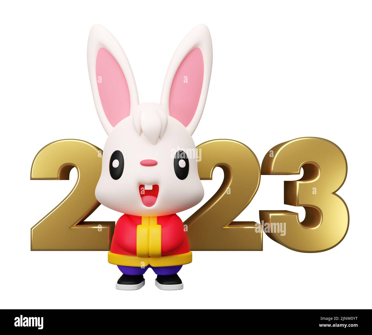 Thème du nouvel an chinois 2023. 3D salutation de personnage de dessin animé de rendu de lapin avec 2023 panneaux isolés. Année du lapin Banque D'Images