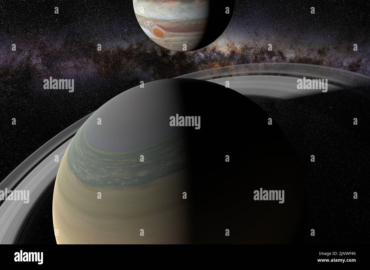 Saturne et Jupiter dans le système solaire - 3D illustration, vue rapprochée Banque D'Images