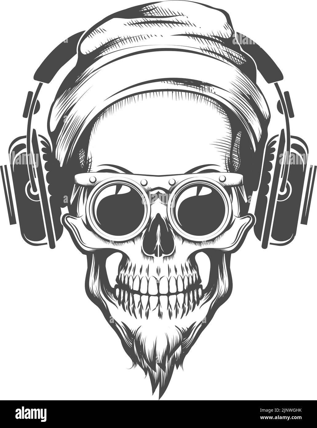 Tatouage de crâne avec barbe dans des lunettes et des écouteurs Beanie. Illustration vectorielle dans le style de gravure Illustration de Vecteur