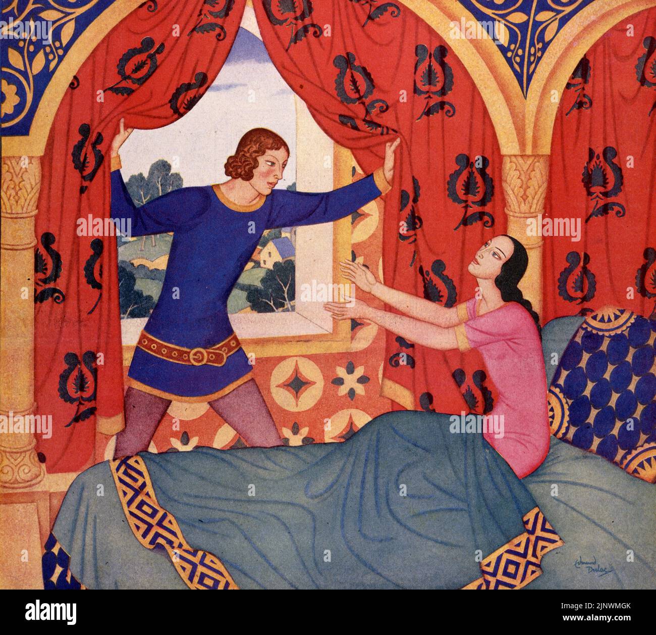 « The Wife of Bath’s Tale of the Amorous Knight » publié le 6 septembre 1942 dans le magazine American Weekly Sunday peint par Edmund Dulac. Banque D'Images