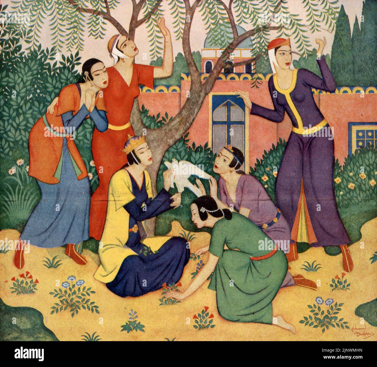 « Le conte de glace de Squire et le faucon parlant » publié le 30 août 1942 dans le magazine American Weekly Sunday peint par Edmund Dulac. Banque D'Images