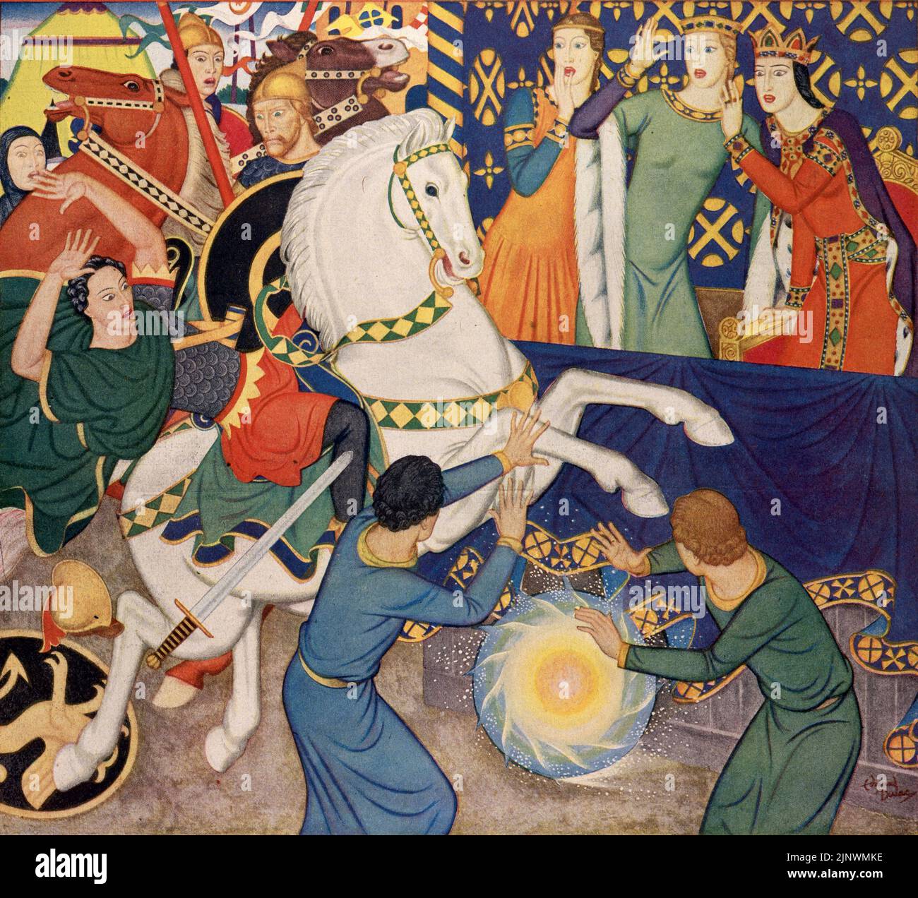 "The Knight's Tale of Emily's Lovers" publié le 16 août 1942 dans le magazine American Weekly Sunday peint par Edmund Dulac. Banque D'Images