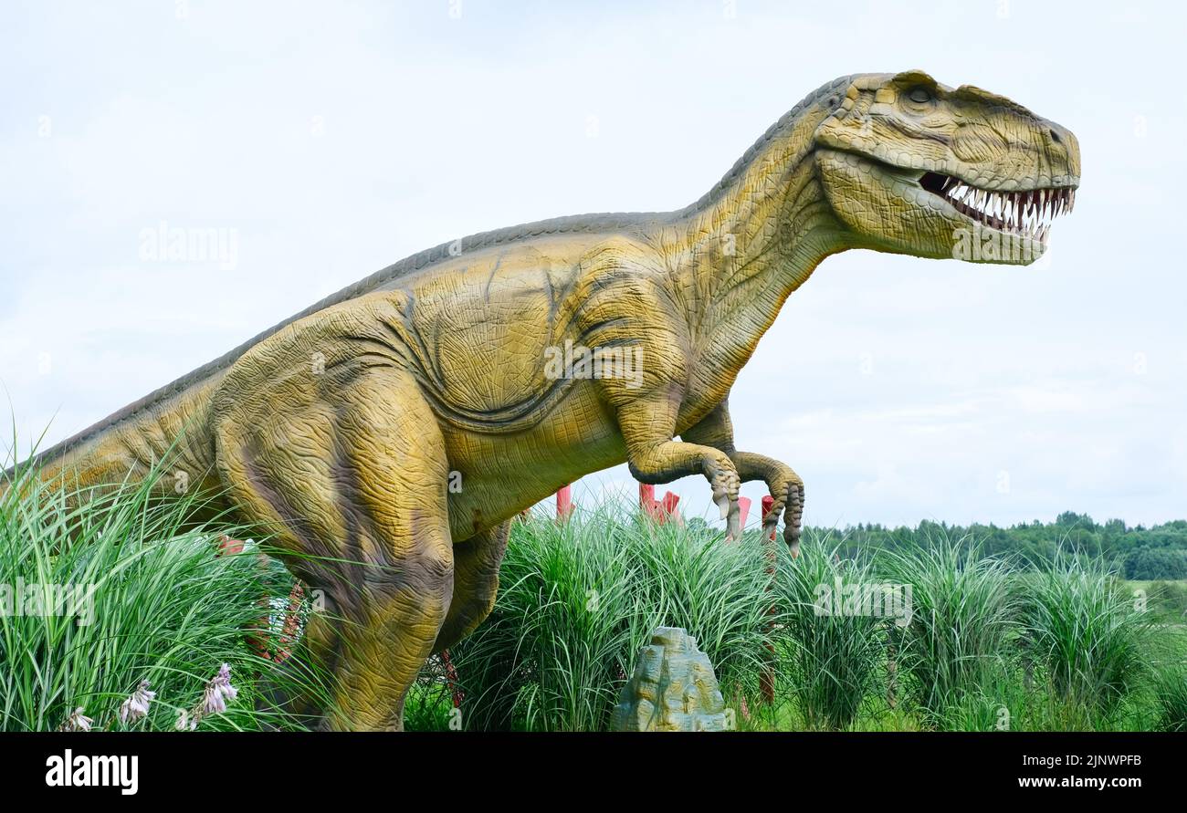 Gros plan d'un dinosaure robotique de l'espèce tyrannosaurus dans un parc d'attractions Banque D'Images