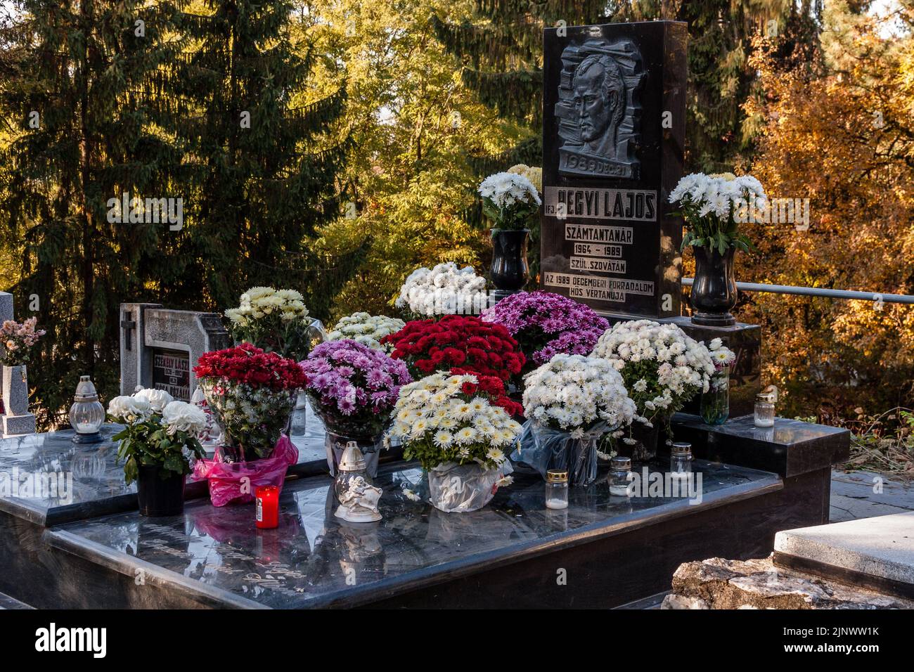 Transylvanie/ Marosvasarhey/30.10.2021: Photo de la fleur de Hegyi Lajos couverte tombe un jour avant la Toussaint à l'intérieur du cimetière catholique romain. H Banque D'Images