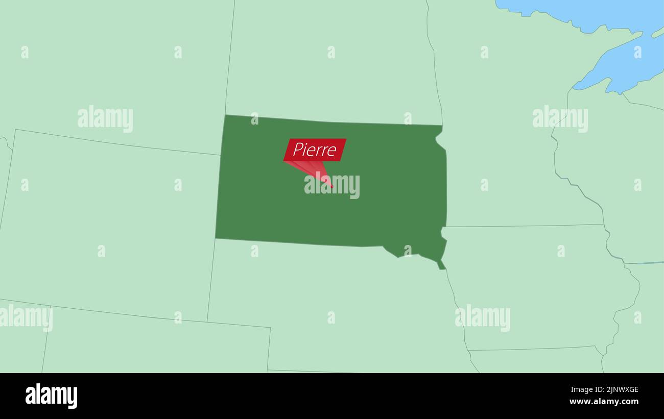 Carte du Dakota du Sud avec PIN de la capitale du pays. Dakota du Sud carte avec pays voisins en