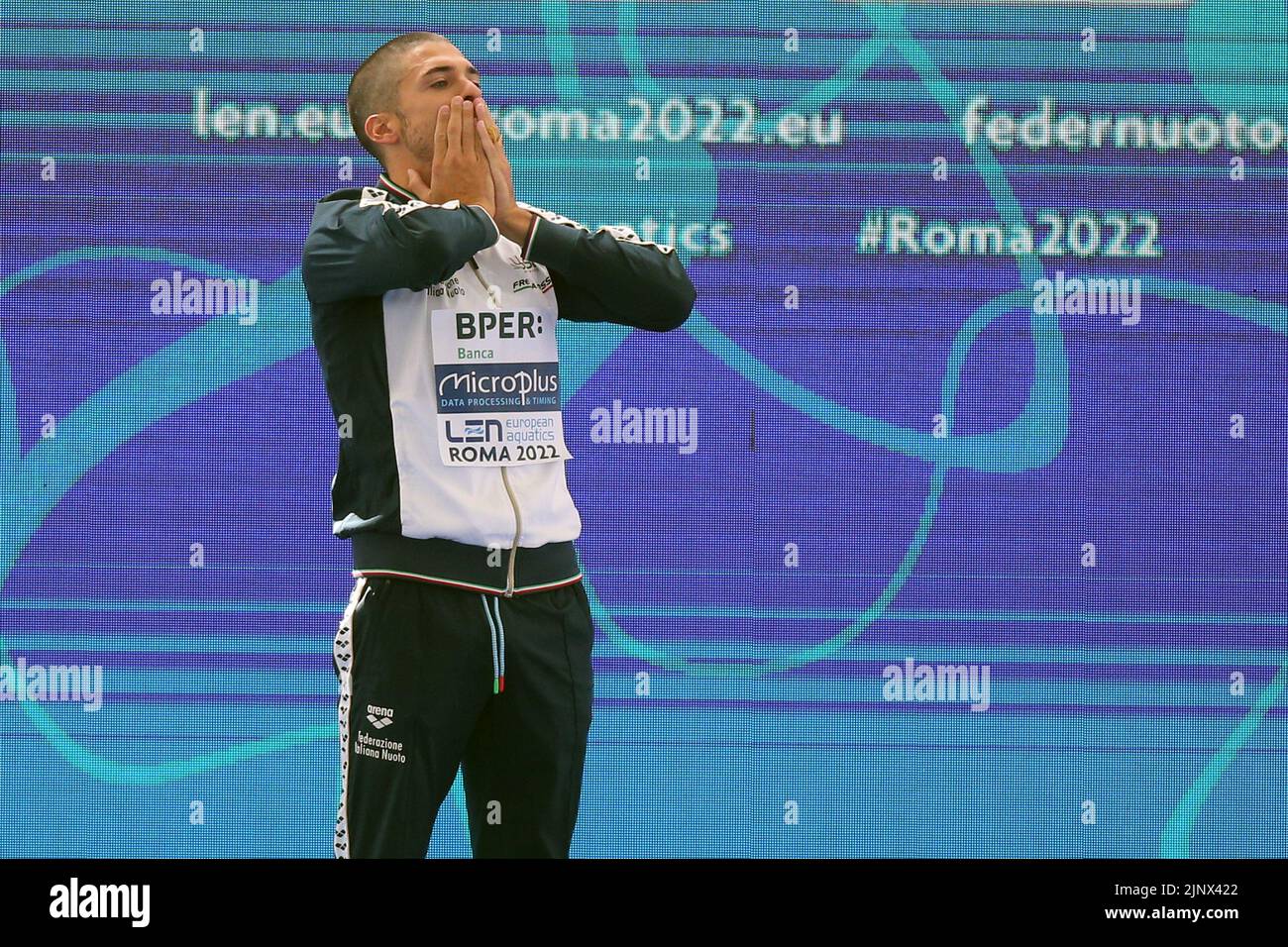 Rome, Italie 14.08.2022: L'équipe de Minisini Giorgio d'Italie a remporté la médaille d'or en finale hommes Solo Free dans le Championnat artistique de natation en Europe LEN Aquatics à Rome 2022 à Foro Italico. Banque D'Images