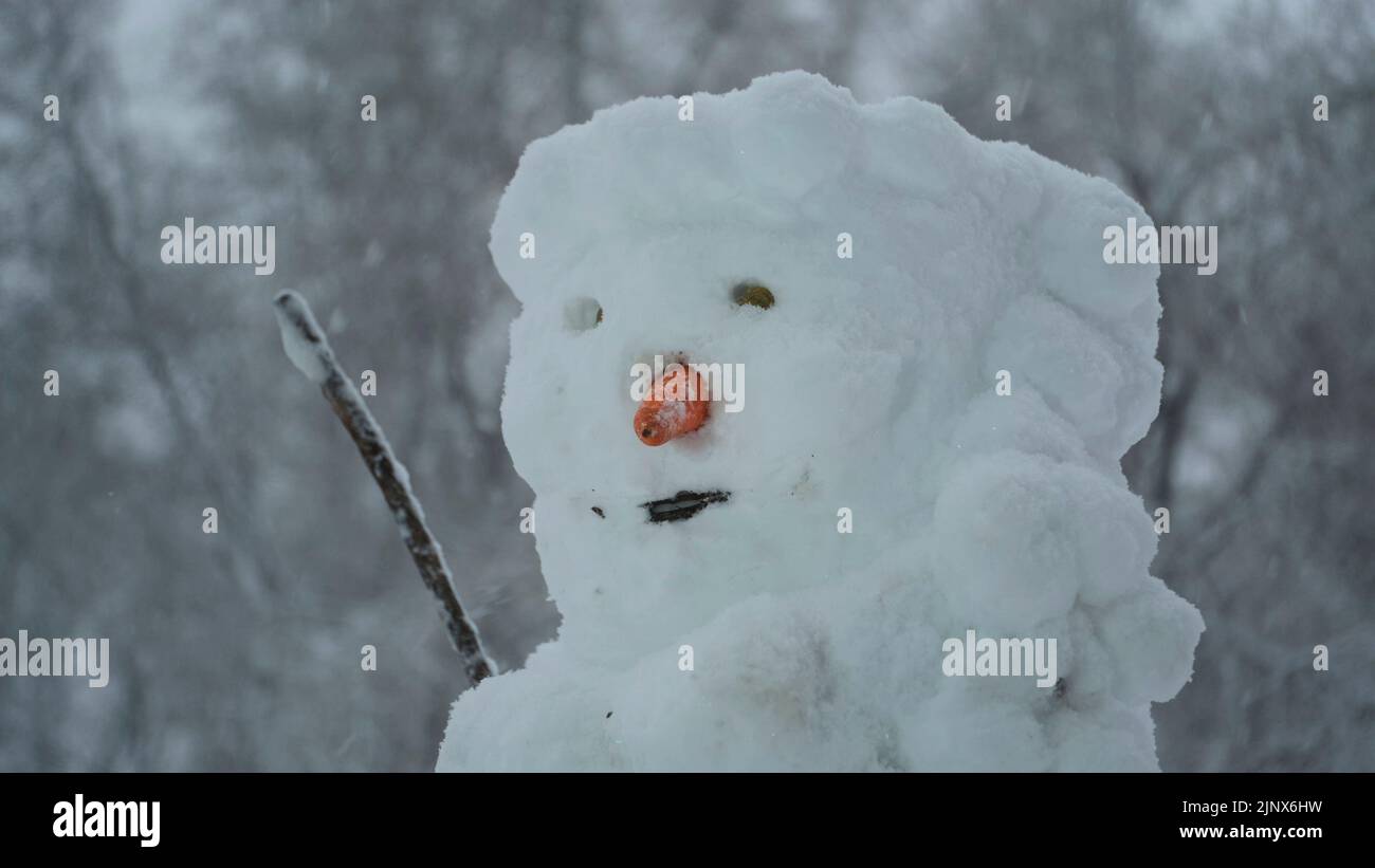 Joyeux bonhomme de neige drôle, sur fond d'une forte chute de neige. Banque D'Images