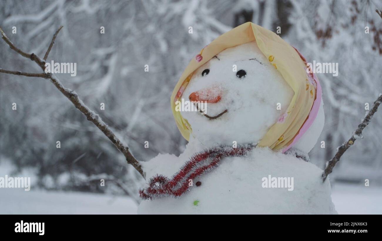 Bonhomme de neige drôle heureux, sur fond d'une forte chute de neige. Banque D'Images