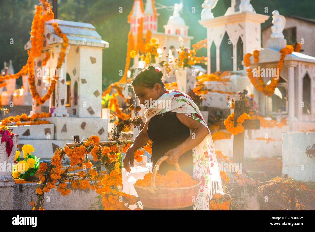 Une femme indigène Mixtec décore un tombeau dans un cimetière lors des célébrations du jour des morts à Xalpatlahuac, Guerrero, Mexique. Banque D'Images