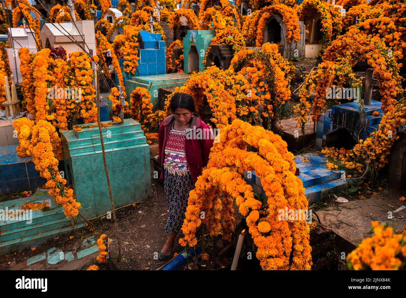 Une femme indigène Mixtec se promène parmi les tombes fleuries dans un cimetière lors des célébrations du jour des morts à Metlatónoc, au Mexique. Banque D'Images