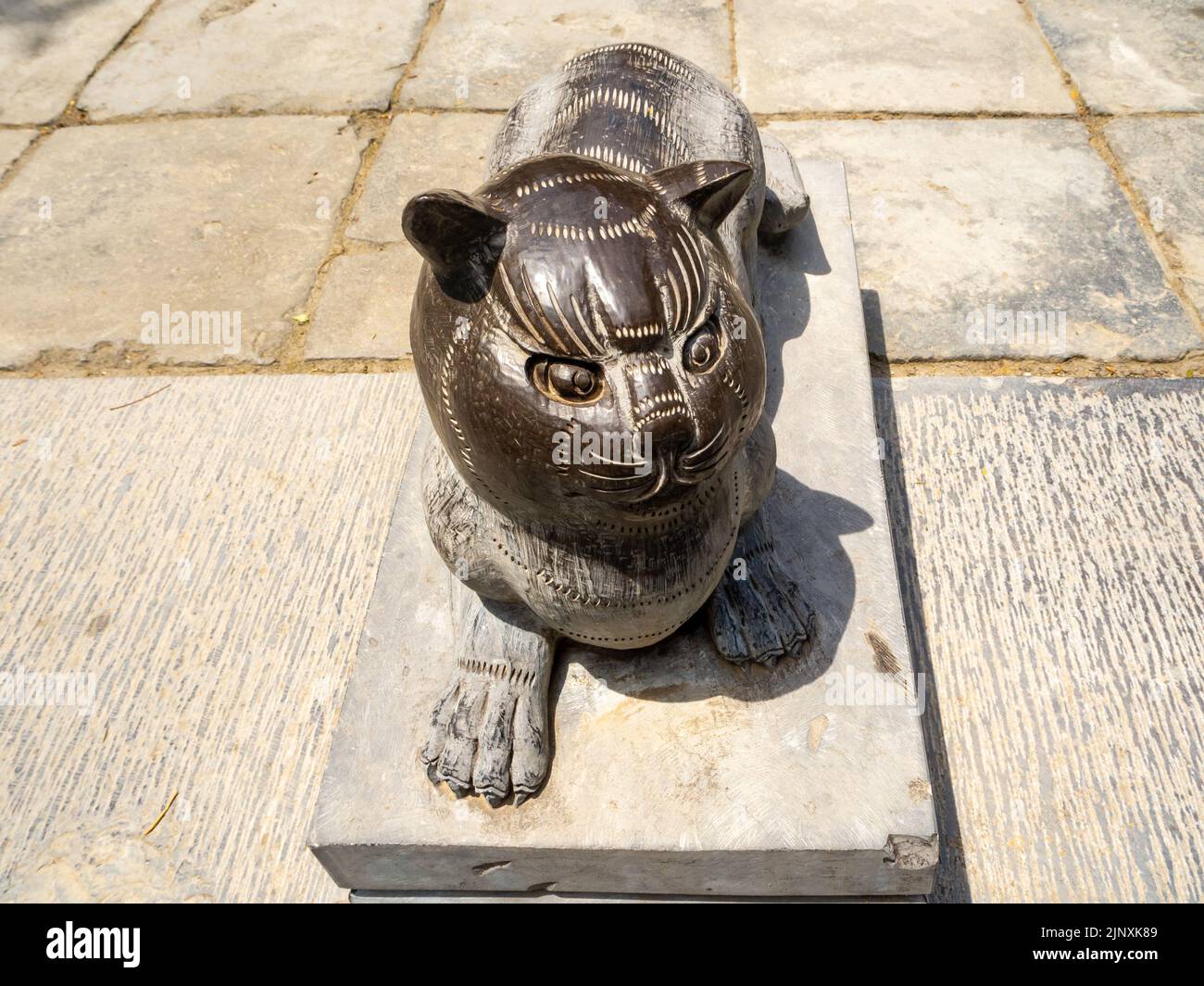Sculpture d'un chat sur une place publique. Banque D'Images