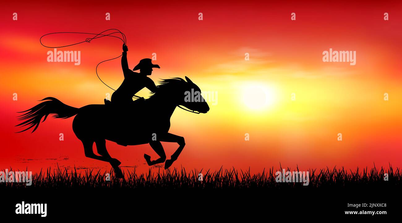 Un homme à cheval. Cowboy avec un lasso dans ses mains. Un cheval pilote gallent sur la toile de fond d'un coucher de soleil. Illustration de Vecteur
