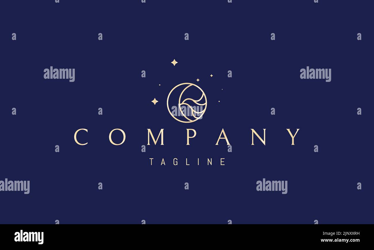Logo vectoriel doré sur lequel une image abstraite de la lune dans un cercle avec des vagues. Illustration de Vecteur