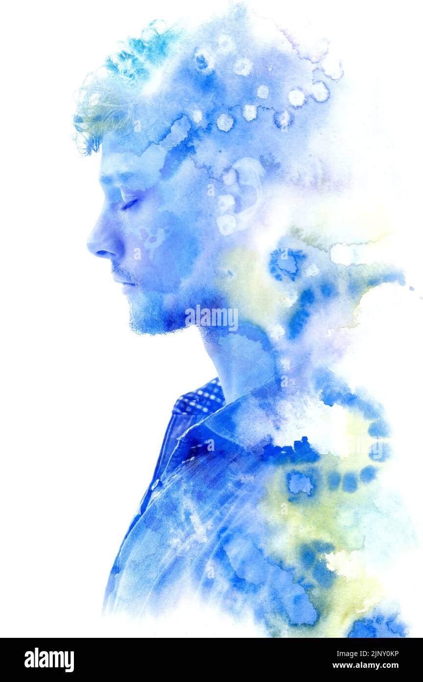 Peinture. Peinture aquarelle aux couleurs froides et portrait d'un homme. Banque D'Images