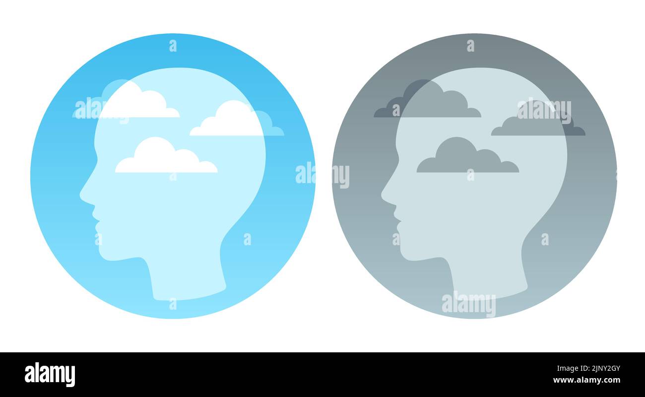 Silhouette de la tête avec ciel bleu et nuages de tempête sombres. Concept de gestion de la pleine conscience et du stress, illustration vectorielle. Illustration de Vecteur