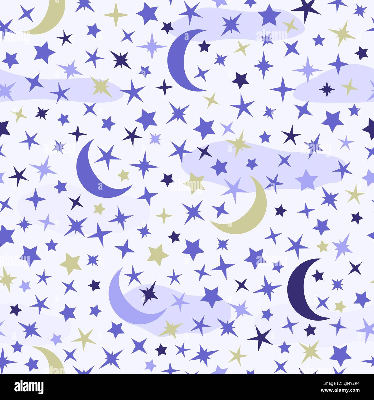 Papier peint pour la pépinière d'étoiles colorées avec lune, nuages. Motif sans couture avec étoile et lune dans le ciel. COSMOS étoiles arrière-plan pour les enfants, les enfants, Illustration de Vecteur
