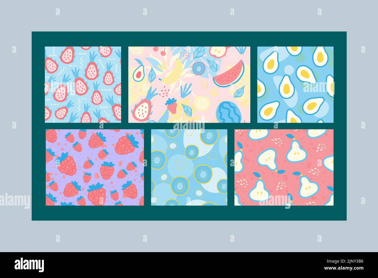 Collection de quatre affiches de fruits colorées. Éléments mignons et bien dessinés dans des couleurs pastel. Idéal pour les poscards, les tirages, les réseaux sociaux ou les modèles Illustration de Vecteur