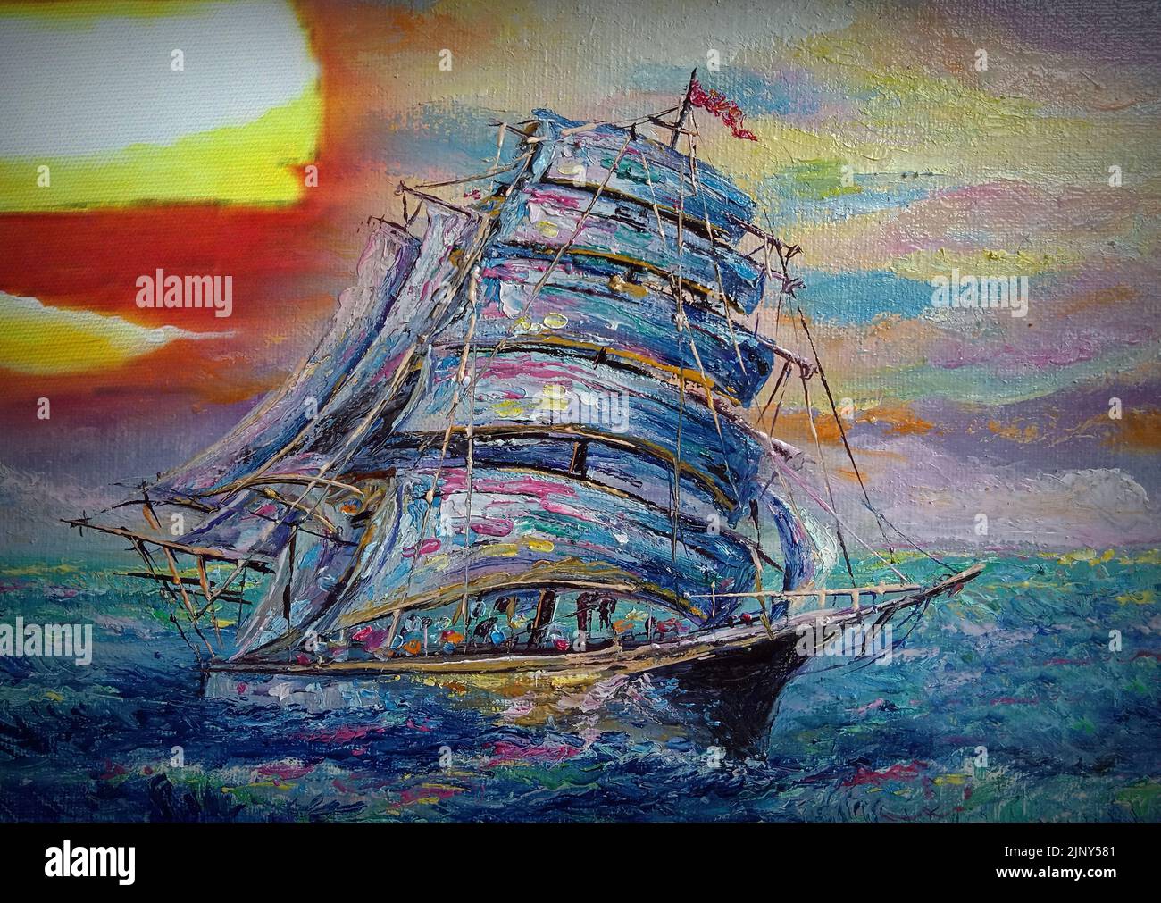 Art peinture huile couleur voilier , barque chanceux Banque D'Images