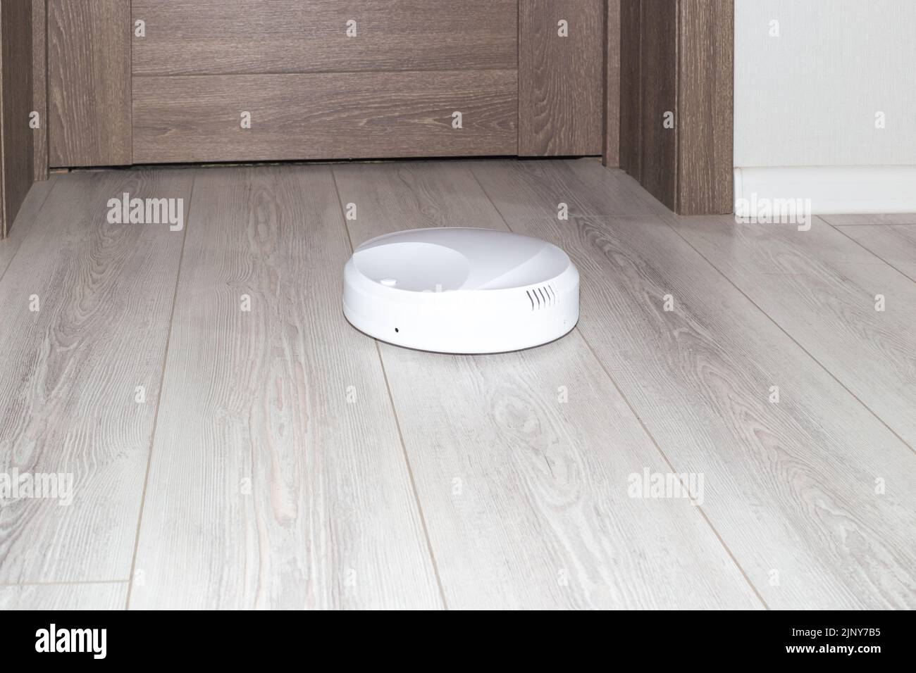 Un petit robot-aspirateur fonctionne sur le sol, aspirant le stratifié. Nettoyage de maison, gadgets intelligents. Banque D'Images