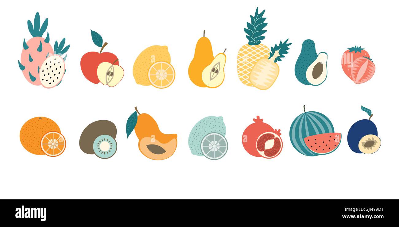 Un ensemble de fruits entiers et moitié. Nourriture exotique naturelle saine sur un fond isolé. Illustration de Vecteur