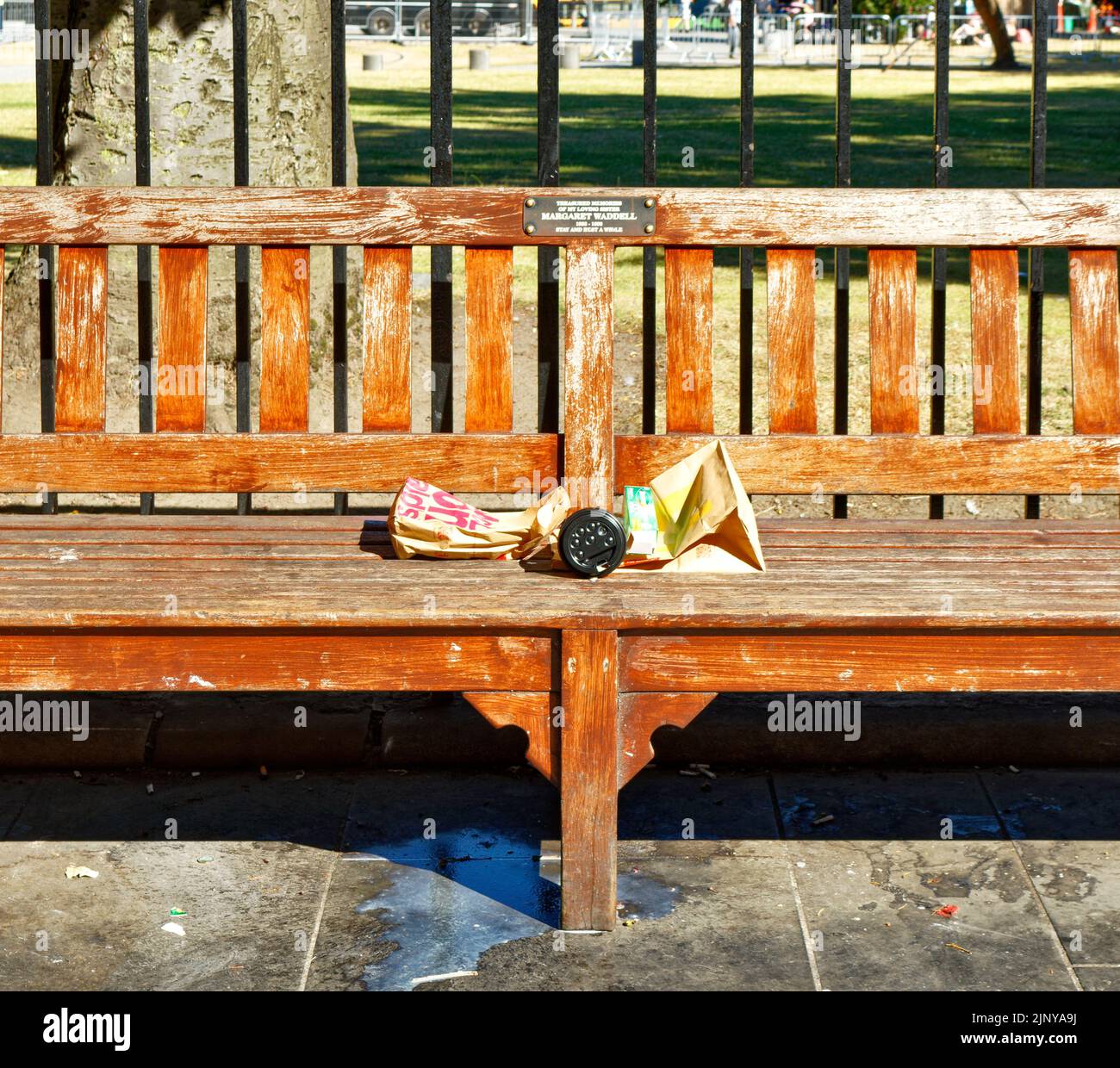 EDINBURGH CITY SCOTLAND ST ANDREWS SQUARE LITTER SUR UN SIÈGE LORS D'UNE JOURNÉE CHAUDE EN ÉTÉ Banque D'Images