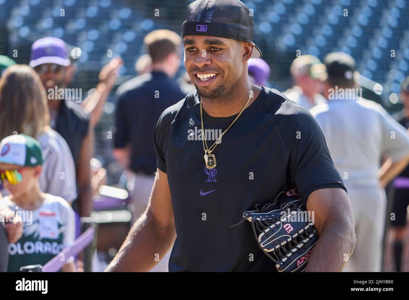 13 août 2022 : Wynton Bernard, le péroné du centre du Colorado (36) pendant la pratique de la batte avec les diamants de l'Arizona et les Rocheuses du Colorado, qui se sont tenus à Coors Field, à Denver Co. David Seelig/Cal Sport Medi Banque D'Images