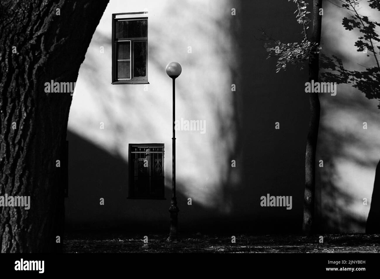 Toujours au coin de la ville en automne, noir et blanc Banque D'Images