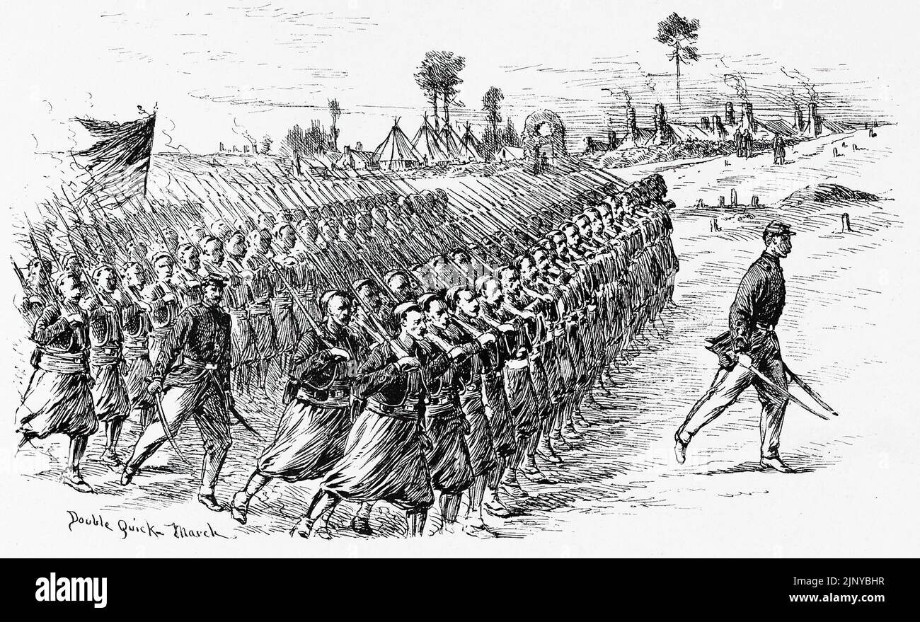 Double Quick March. Exercice Union Army. Illustration de la guerre de Sécession de 19th siècles par Edwin Forbes Banque D'Images