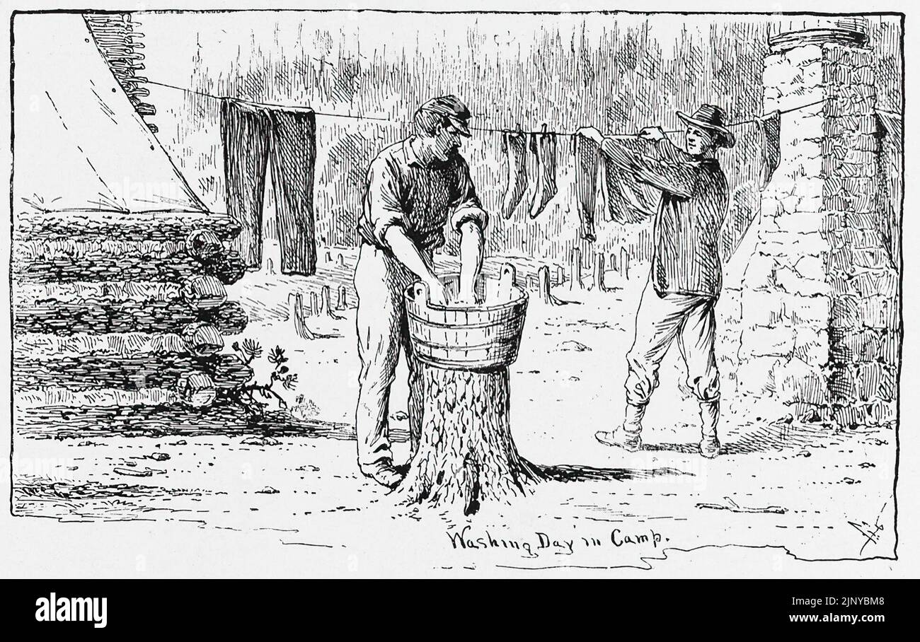 Journée de lavage au camp. Les soldats de l'Armée de l'Union font de la lessive. Illustration de la guerre de Sécession de 19th siècles par Edwin Forbes Banque D'Images