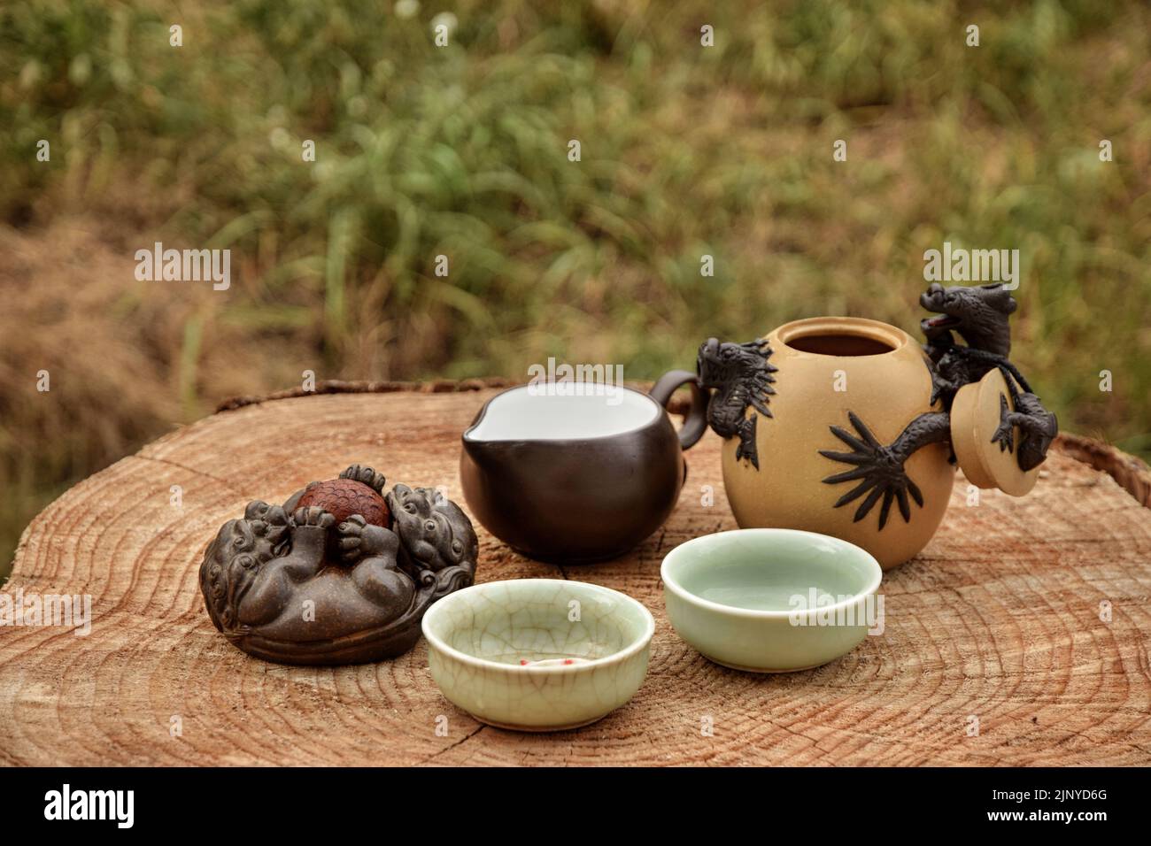 Préparation du thé noir chinois dans le plateau de thé sur la table en bois. Buvez du thé dans la nature. Banque D'Images