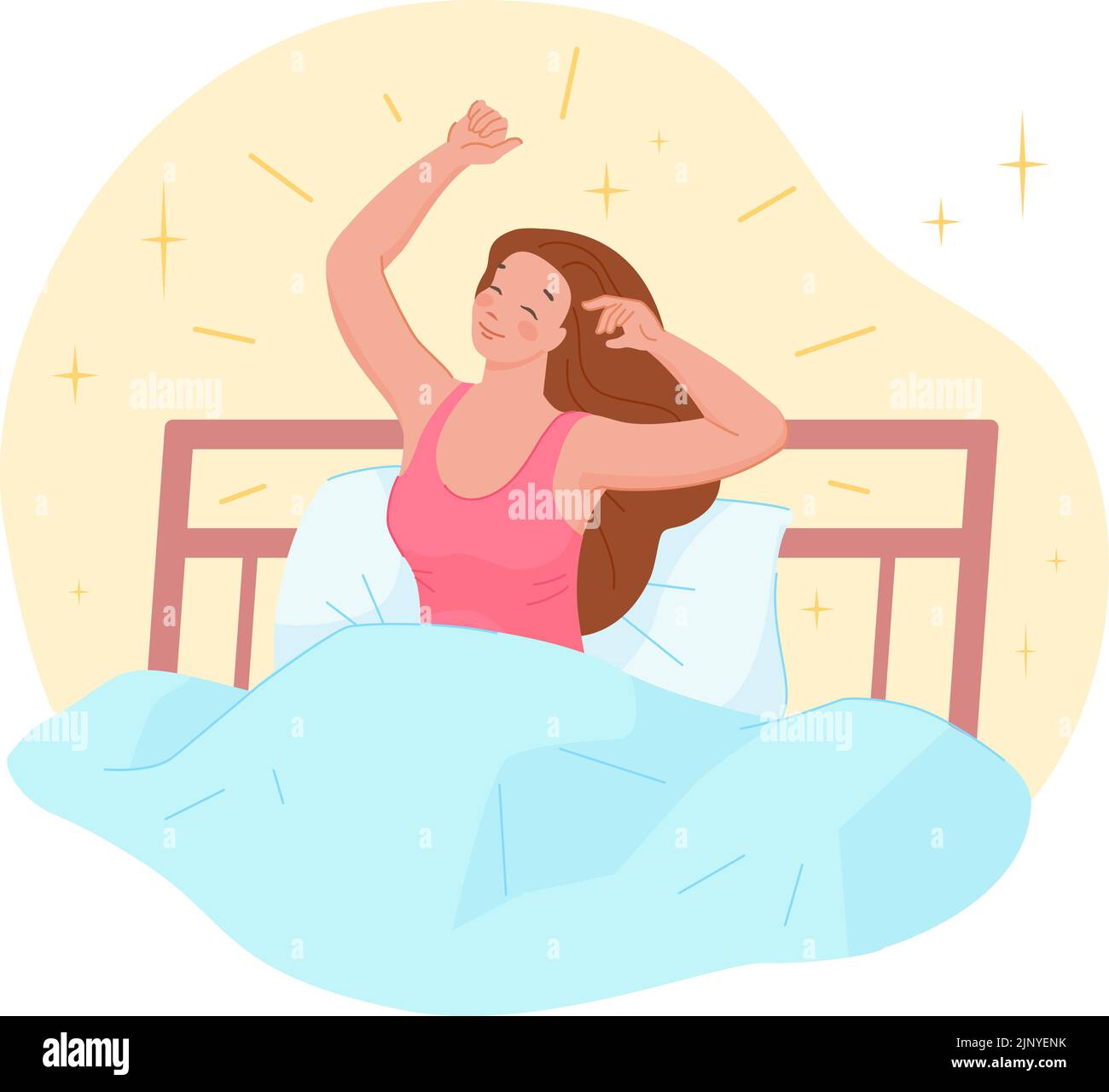 Les matins s'étirent au lit. Une femme heureuse éveillée s'étire sur la lumière du soleil, matin frais paresseux petite fille assise avec une chambre à coucher avec couverture, réveil vecteur d'illustration de la femme de chambre éveillée Illustration de Vecteur