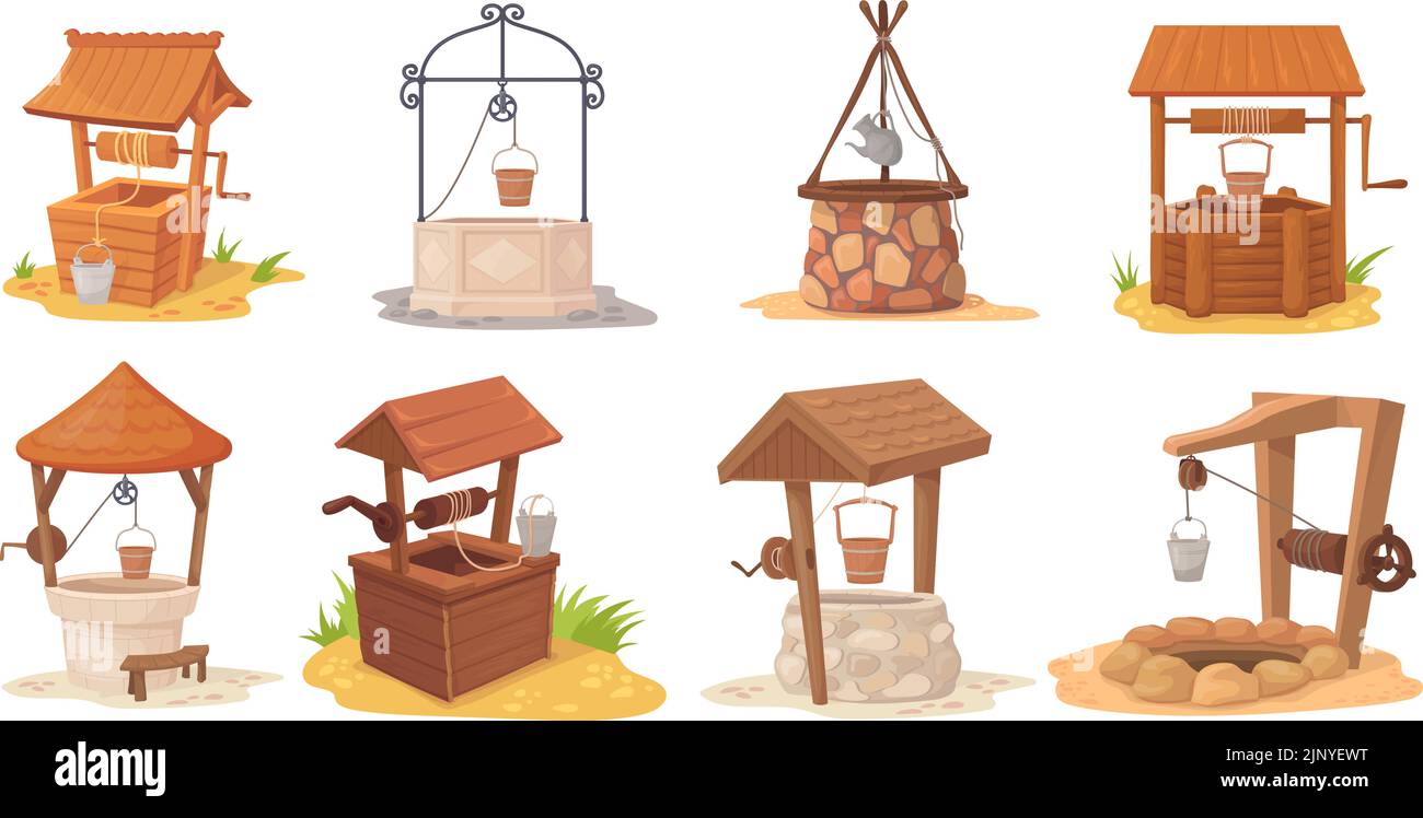 Puits d'eau de dessin animé. Bois et pierre ancien rural bien dans le jardin du village, ancien médiéval souhaitant tirer-bien rustique de la ferme source de boisson fraîche seau sur la poulie de manivelle vecteur de ferme de bois bien illustration Illustration de Vecteur
