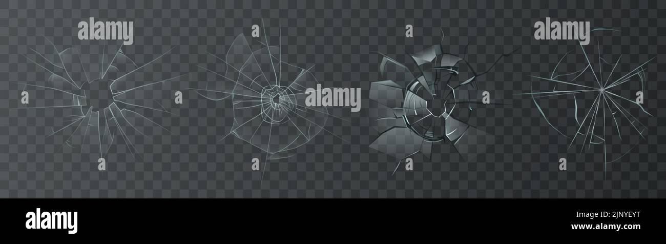 Craqué écrasé réaliste verre set transperant alpha fond ensemble vecteur illustration, balle cassé fissure verre trou. Illustration de Vecteur