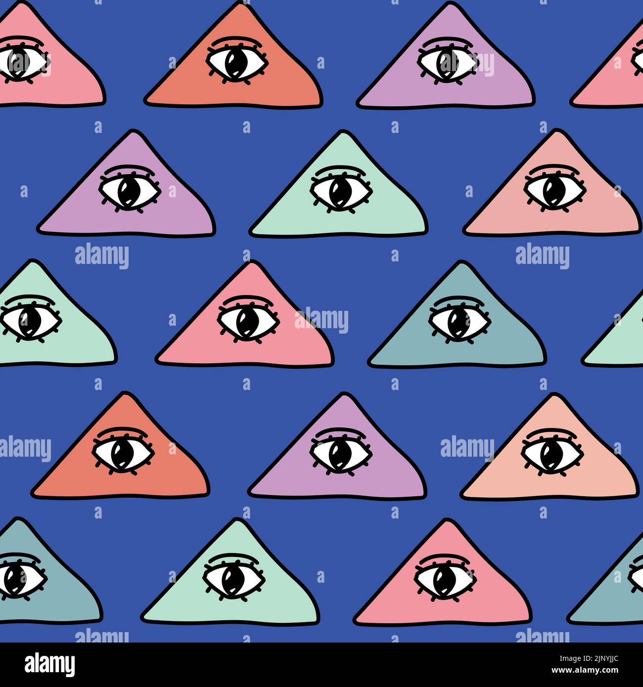 Texture pastel sans couture et colorée avec tous les symboles de la pyramide des yeux. Triangle avec œil. Répétition. Un arrière-plan original et moderne pour votre conception. Illustration de Vecteur